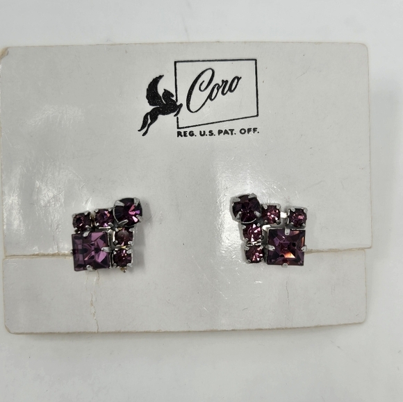VINTAGE CORO SET OF 4 CLIP ON SCREW BACK EARRINGS PURPLE SILVER WOMEN JEWELRY - Picture 2 of 14